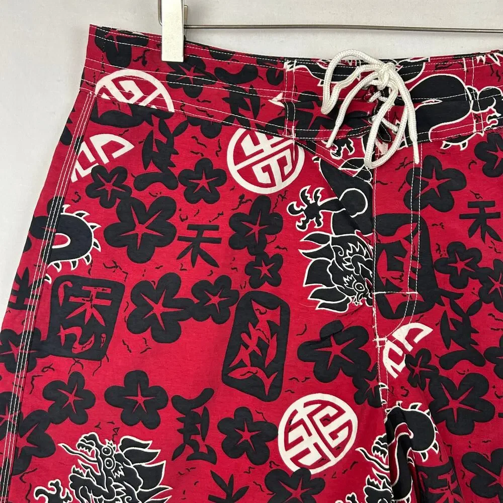 Ocean Pacific OP Vintage Red Chinese Dragon Board Shorts Swim Trunks Men's 34